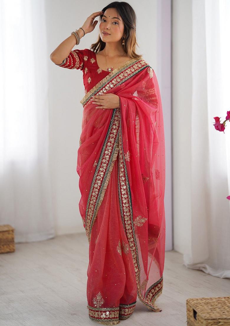 Red Embroidered Silk Saree Set - Indya