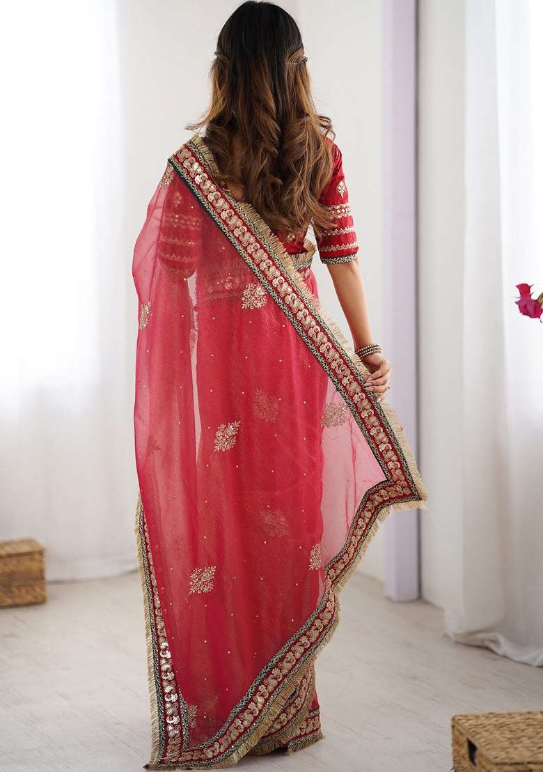 Red Embroidered Silk Blend Saree Set for Diwali and Festive Wear - Indya