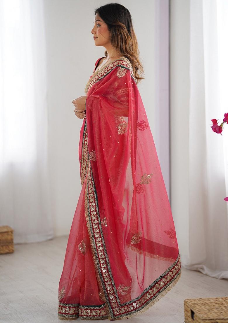 Red Embroidered Silk Saree Set - Indya
