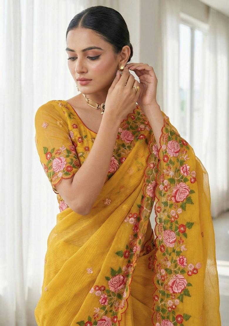 Yellow Embroidered Silk Saree Set - Indya