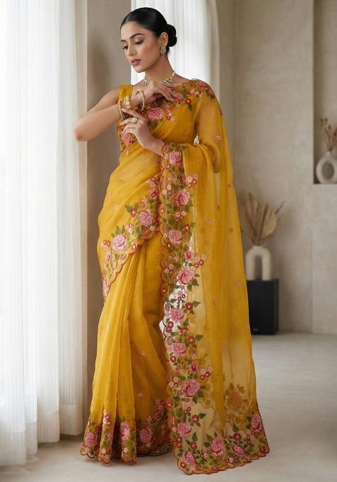 Yellow Embroidered Silk Saree Set