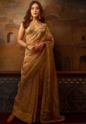 Coffee Embroidered Polyester Saree Set