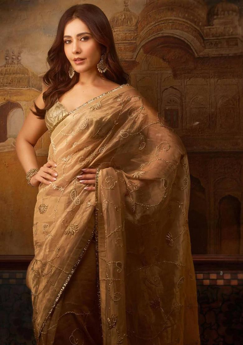 Coffee Embroidered Polyester Saree Set - Indya