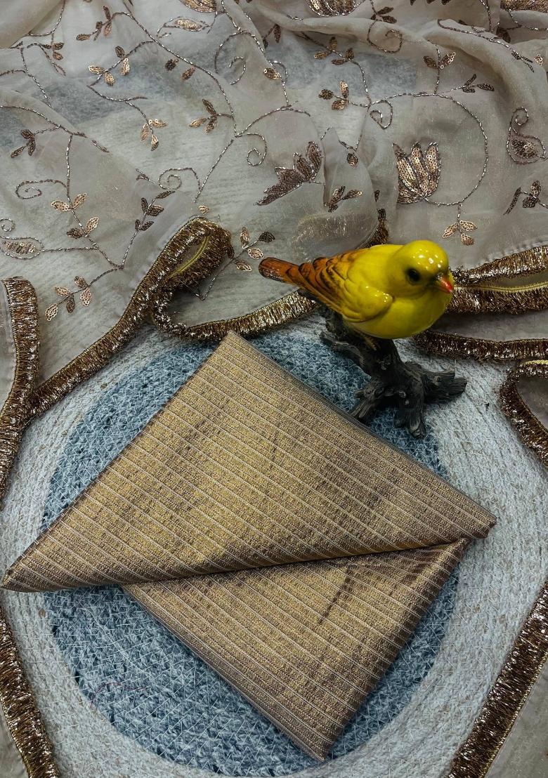 Coffee Embroidered Polyester Saree Set - Indya