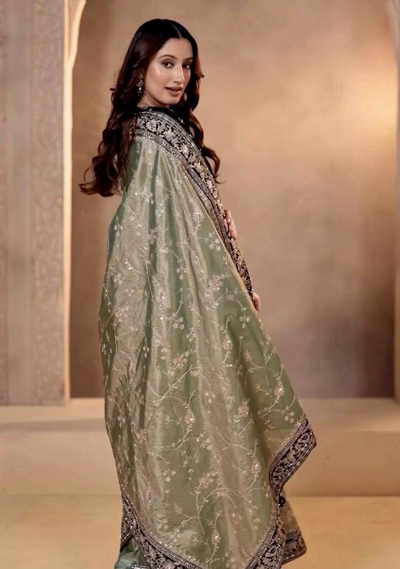 Green Embroidered Polyester Saree Set - Indya