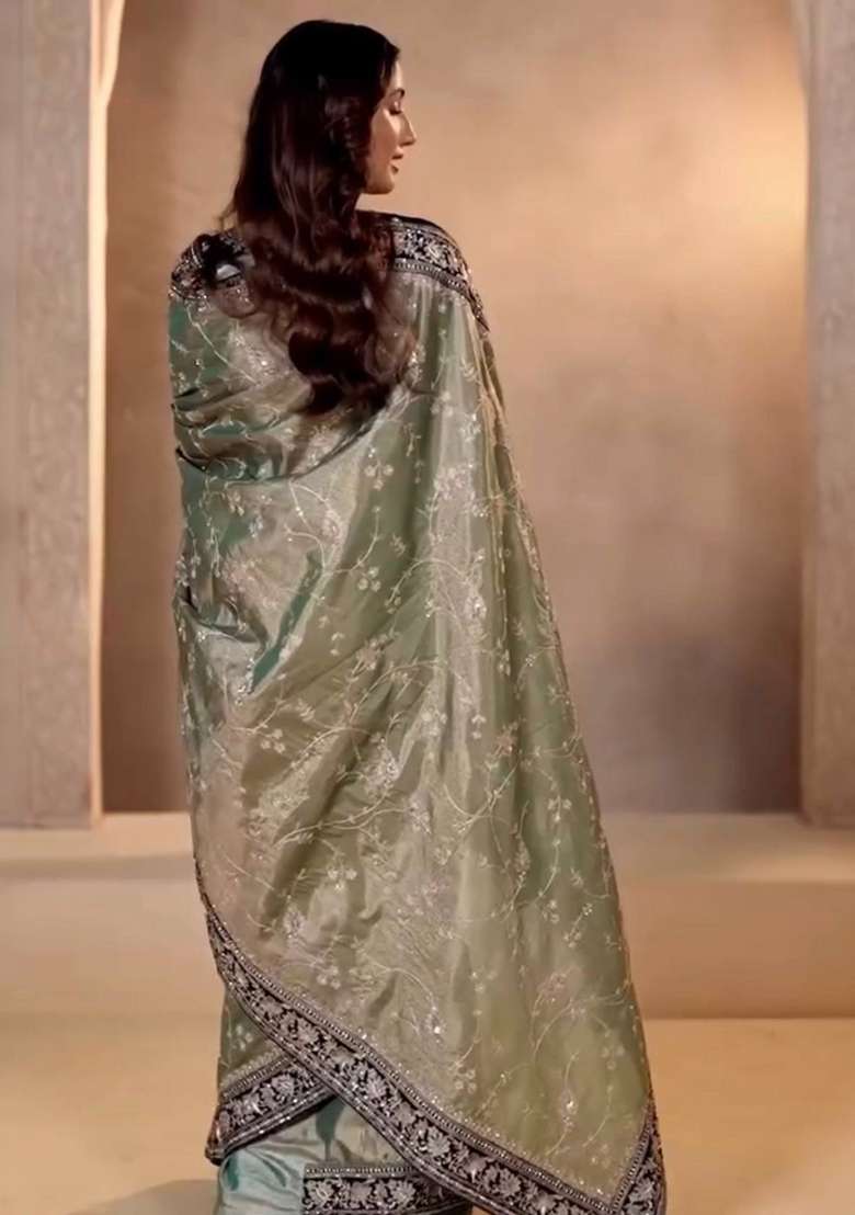 Green Polyester Saree Set with Embroidered for Diwali | Wedding & Festive Wear - Indya