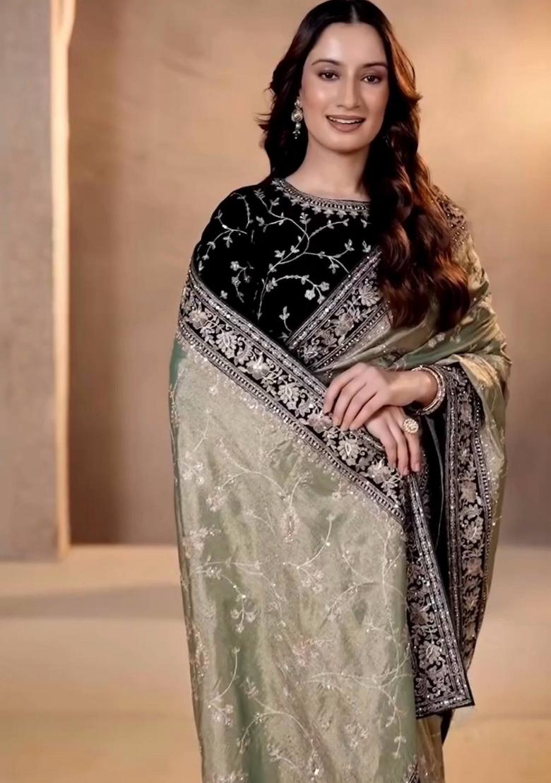 Green Embroidered Polyester Saree Set - Indya