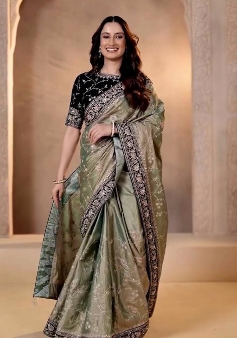 Green Embroidered Polyester Saree Set