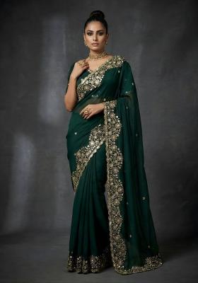 Green Embellished Polyester Saree Set
