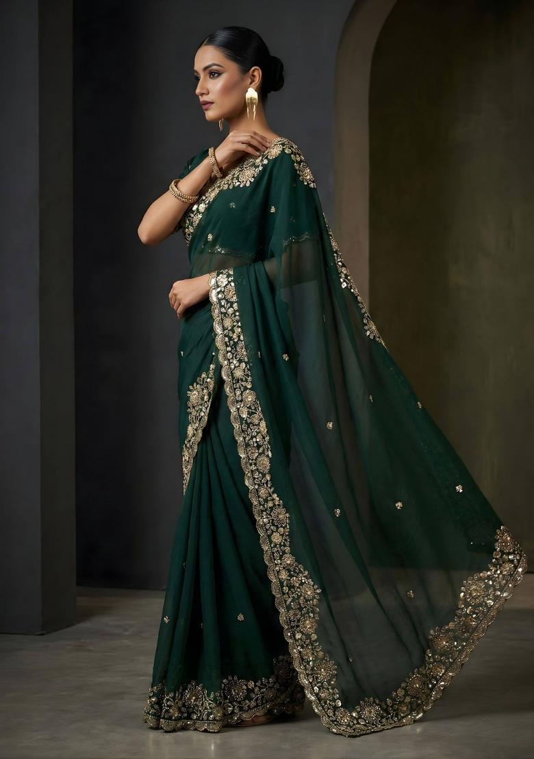 Green Embellished Polyester Saree Set - Indya