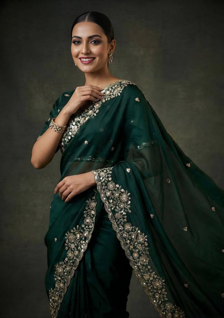 Green Embellished Polyester Saree Set - Indya