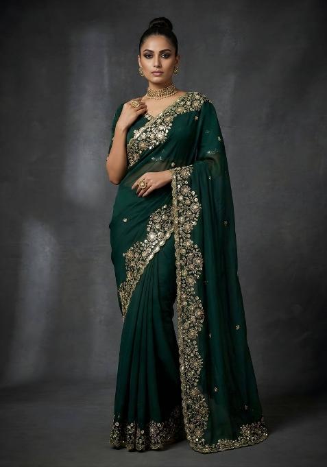 Green Embellished Polyester Saree Set