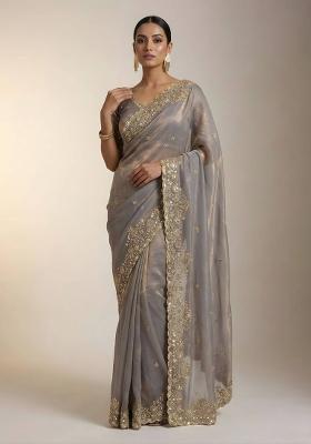 Beige Embellished Polyester Saree Set