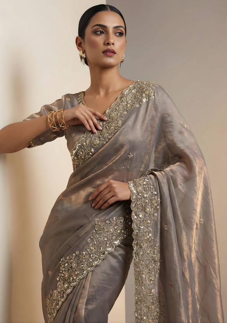 Beige Embellished Polyester Saree Set - Indya