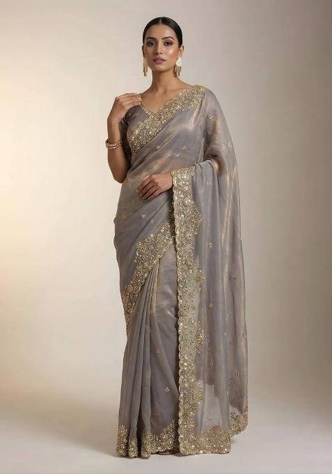 Beige Embellished Polyester Saree Set