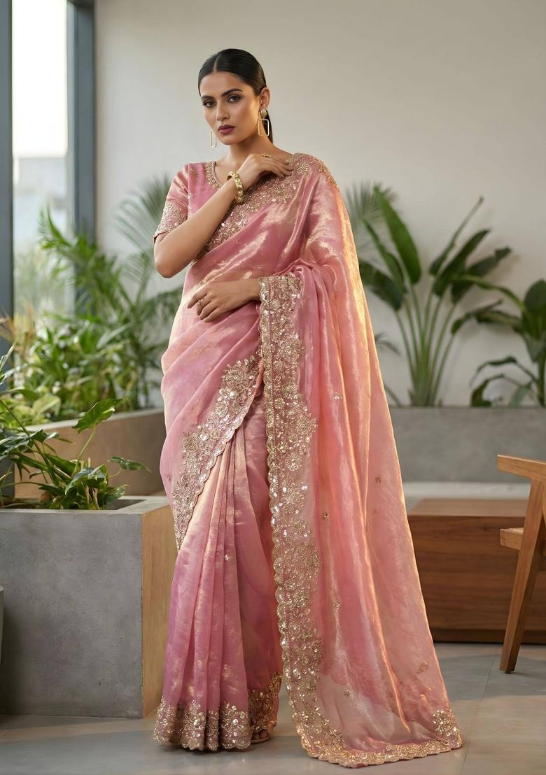 Pink Embellished Polyester Saree Set - Indya
