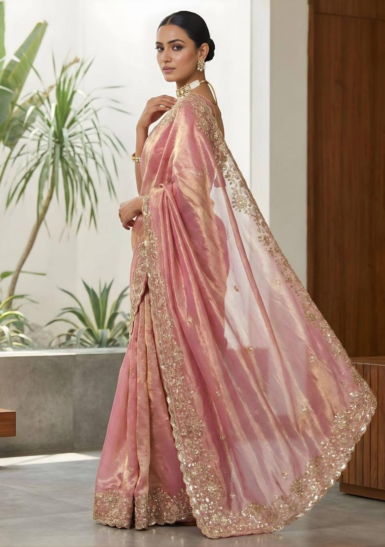 Pink Embellished Polyester Saree Set - Indya