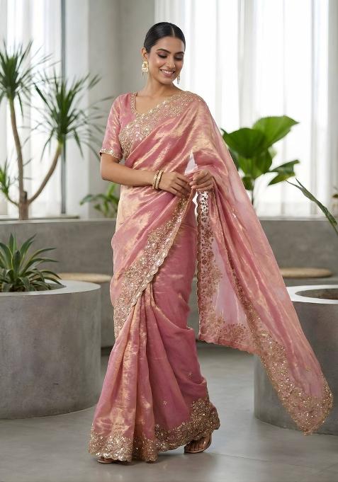 Pink Embellished Polyester Saree Set