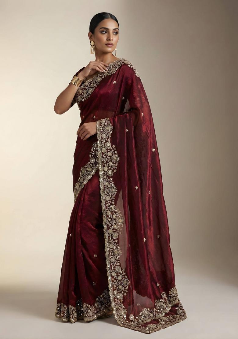 Maroon Embellished Polyester Saree Set - Indya