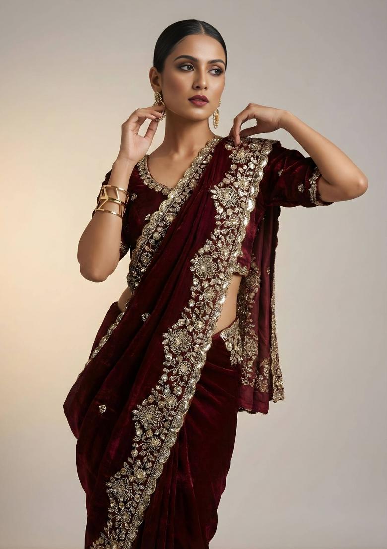 Maroon Embellished Polyester Saree Set - Indya
