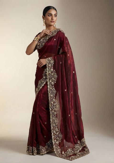 Maroon Embellished Polyester Saree Set