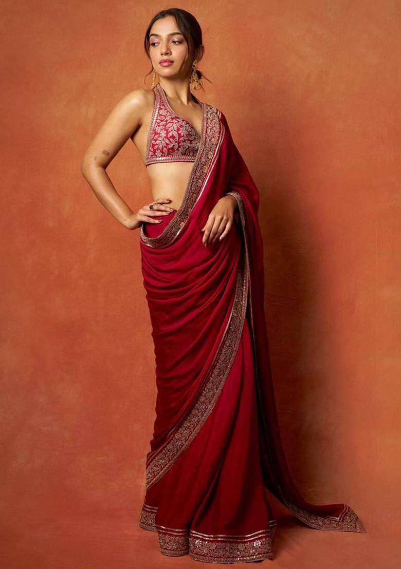 Red Polyester Saree Set with Embroidered for Diwali | Wedding & Festive Wear - Indya