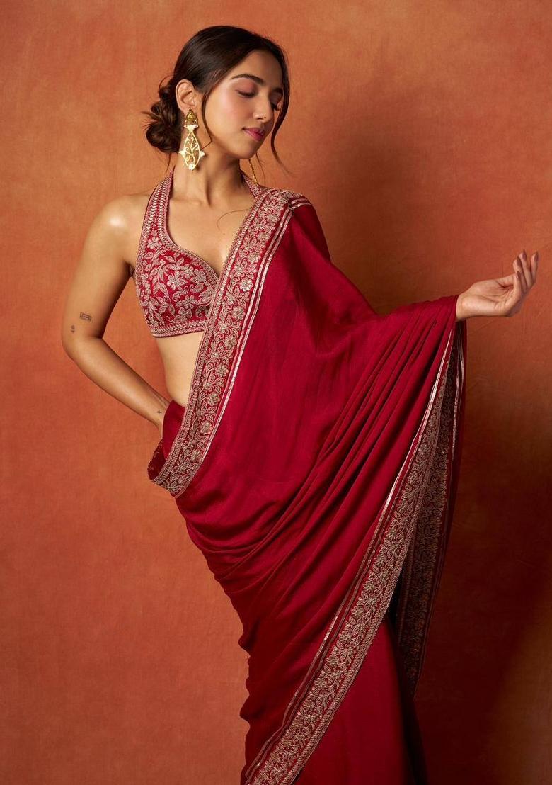 Red Embroidered Polyester Saree Set - Indya