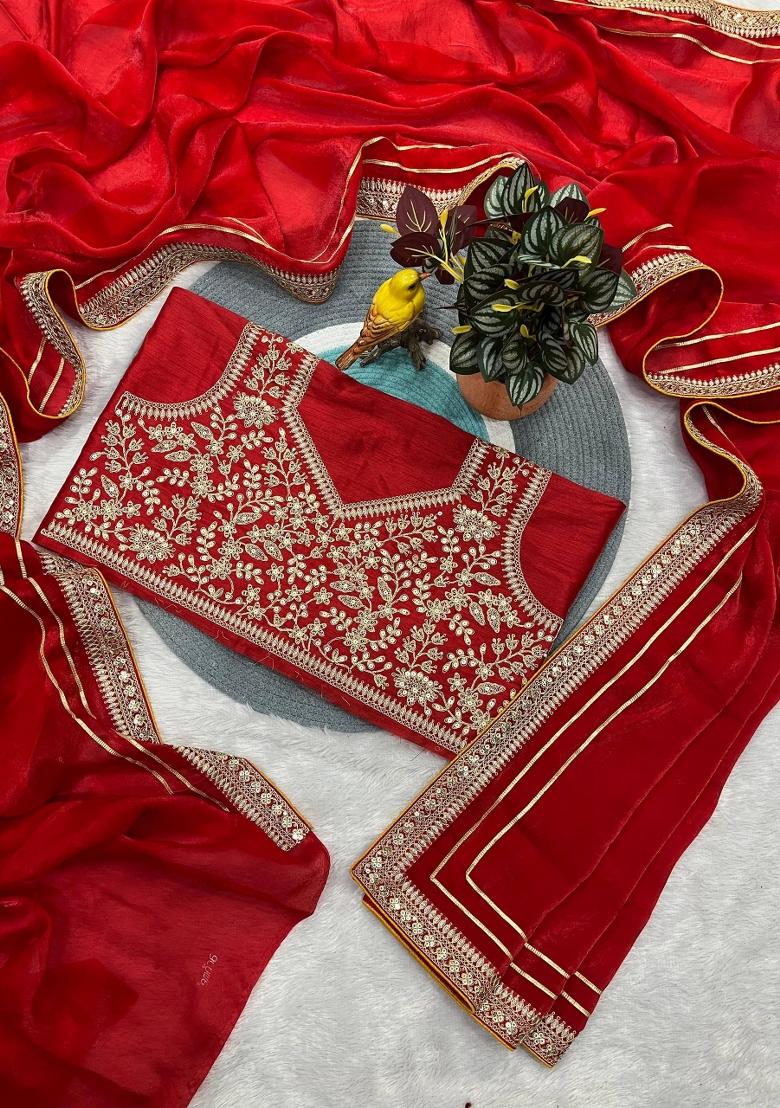 Red Embroidered Polyester Saree Set - Indya