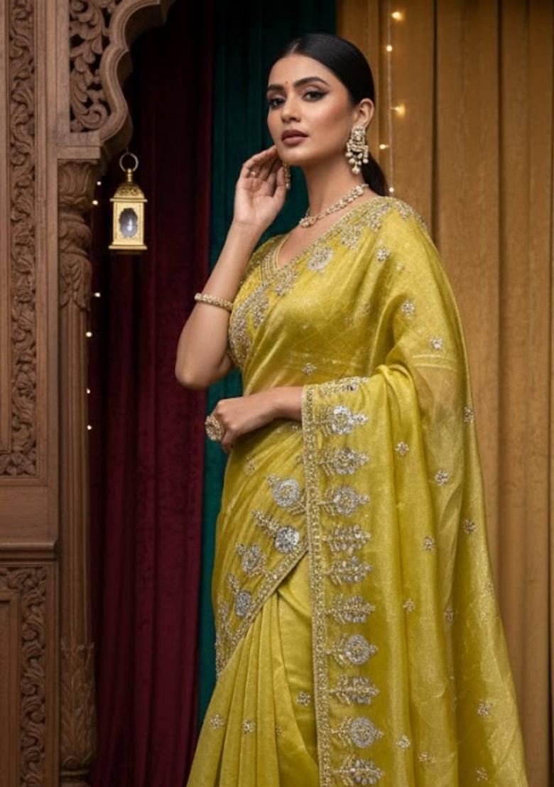 Yellow Embellished Polyester Saree Set - Indya