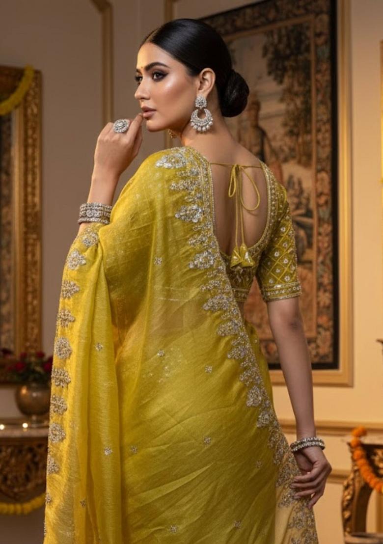Yellow Embellished Polyester Saree Set - Indya