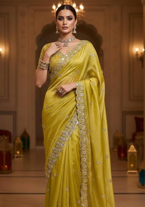 Yellow Embellished Polyester Saree Set