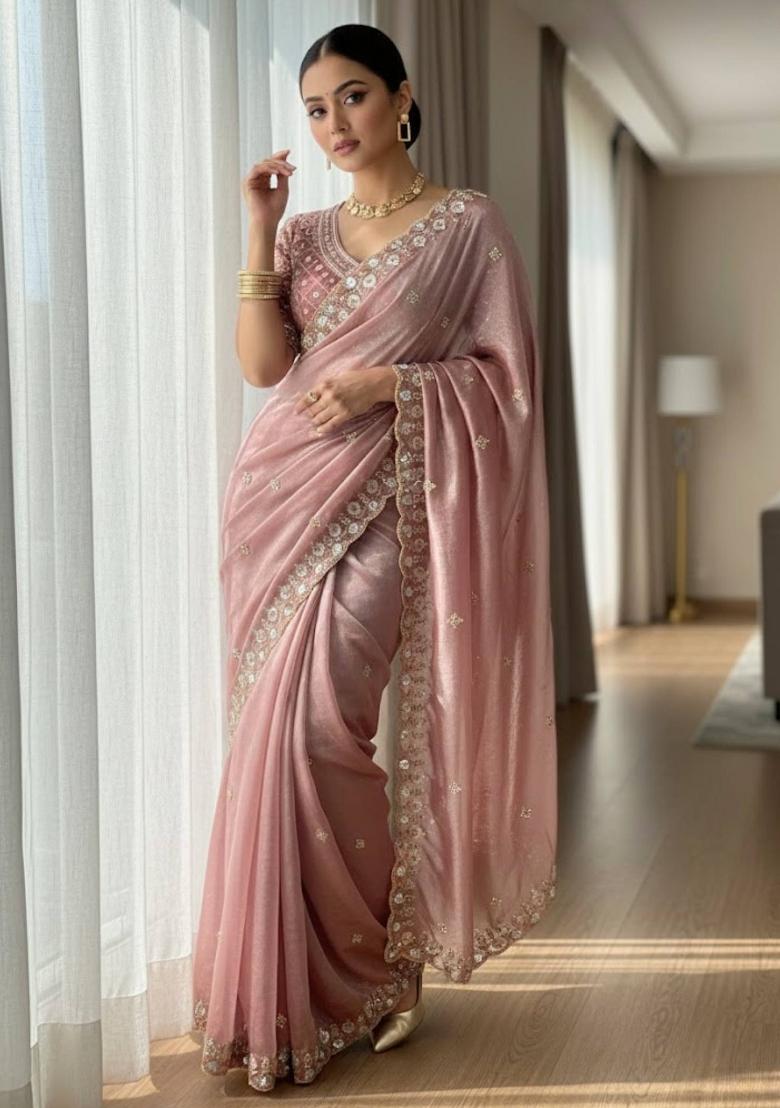 Pink Embellished Polyester Saree Set - Indya