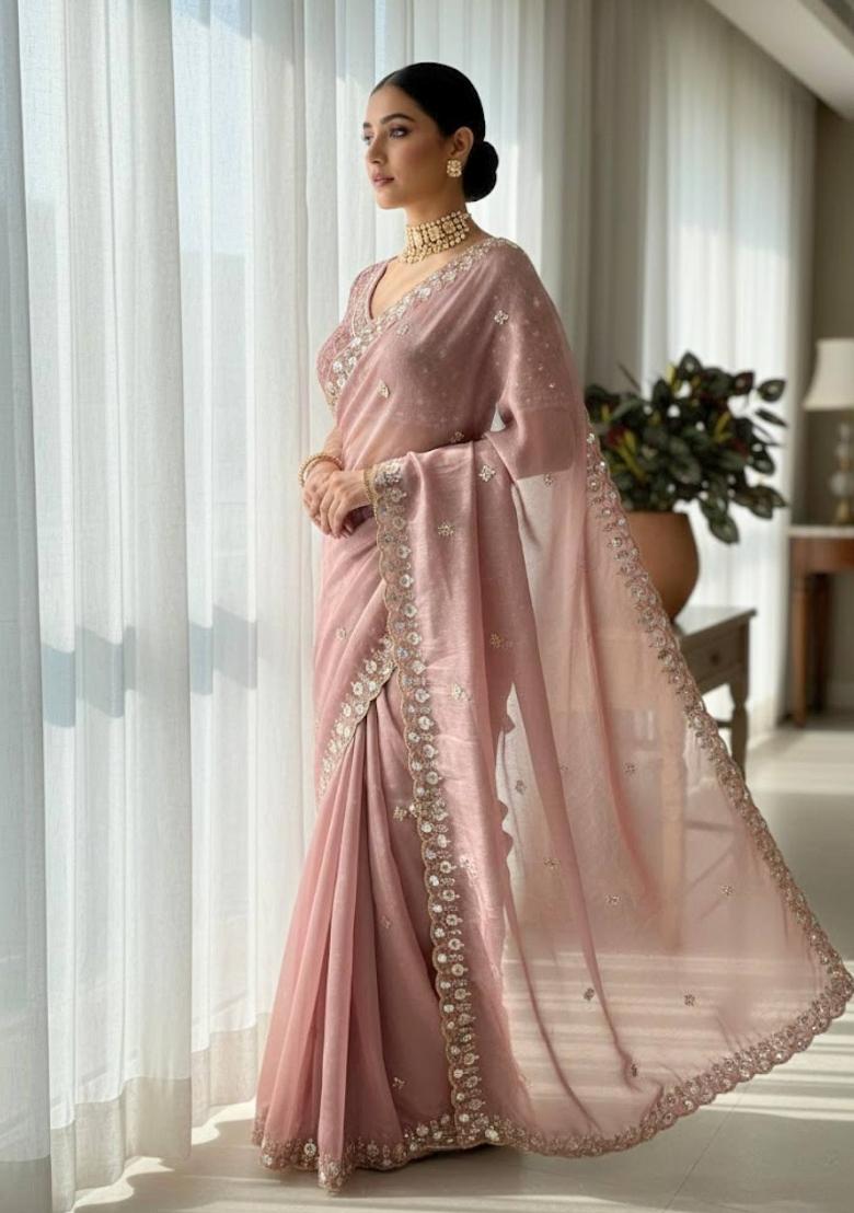 Pink Embellished Polyester Saree Set - Indya