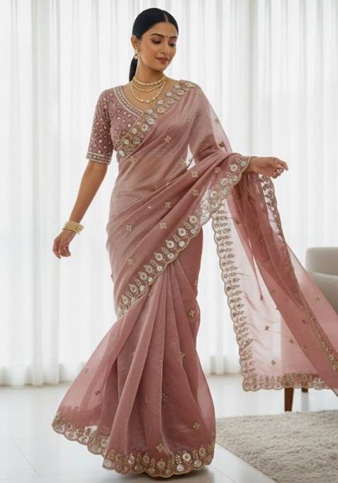 Pink Embellished Polyester Saree Set