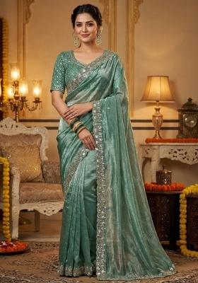 Green Embellished Polyester Saree Set