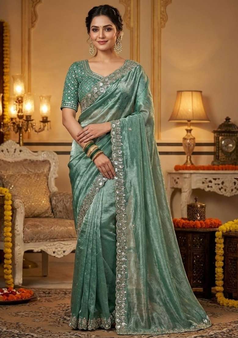 Green Embellished Polyester Saree Set for Diwali and Festive Wear - Indya