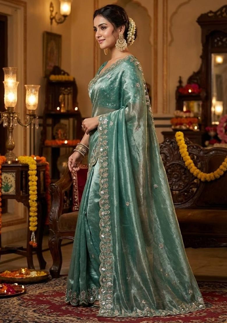 Green Embellished Polyester Saree Set - Indya