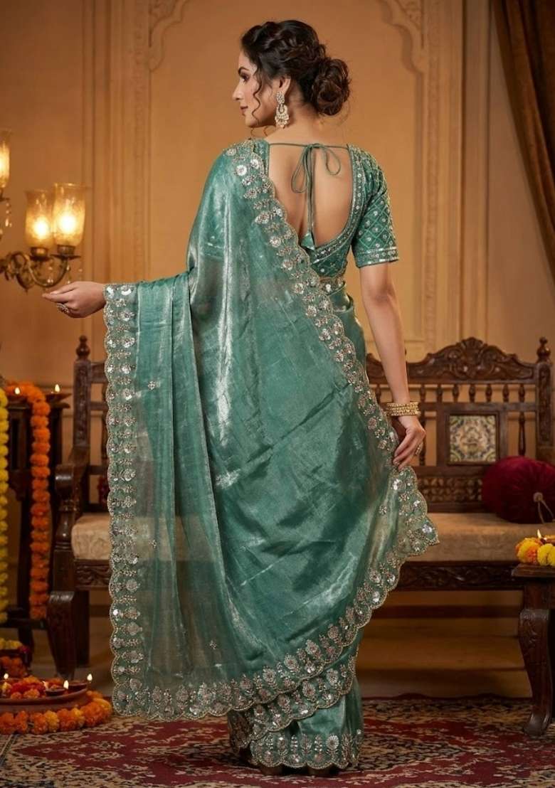 Green Embellished Polyester Saree Set for Diwali and Festive Wear - Indya