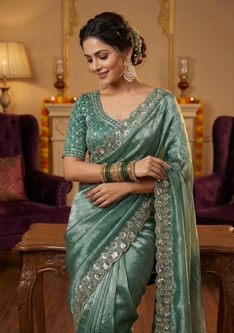 Green Embellished Polyester Saree Set - Indya