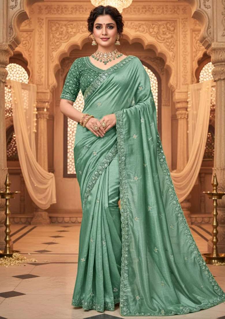Mint Green Embellished Polyester Saree Set for Diwali and Festive Wear - Indya