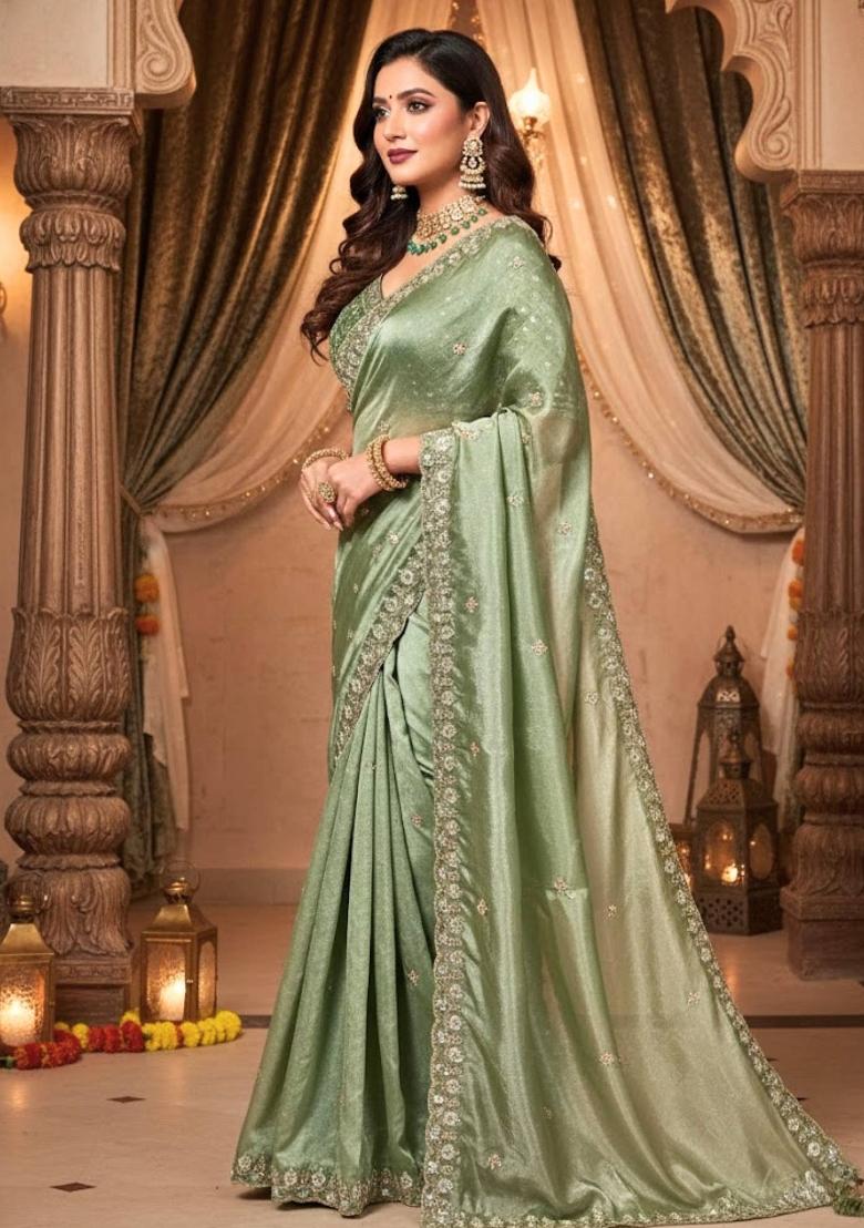 Mint Green Embellished Polyester Saree Set - Indya