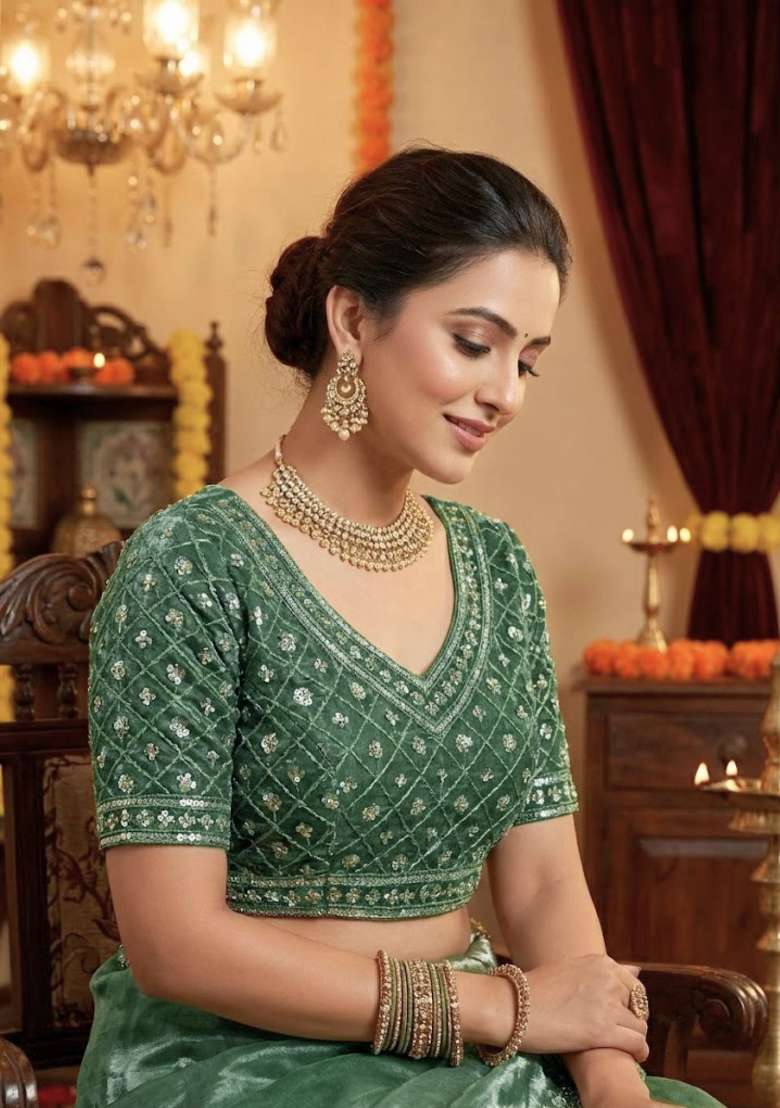 Mint Green Embellished Polyester Saree Set for Diwali and Festive Wear - Indya