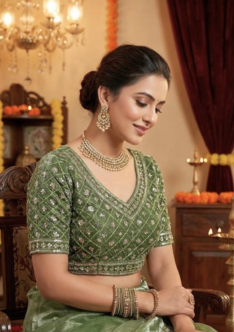 Mint Green Embellished Polyester Saree Set - Indya