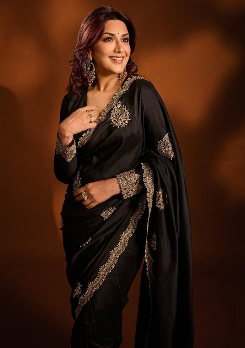 Black Embroidered Silk Saree Set - Indya