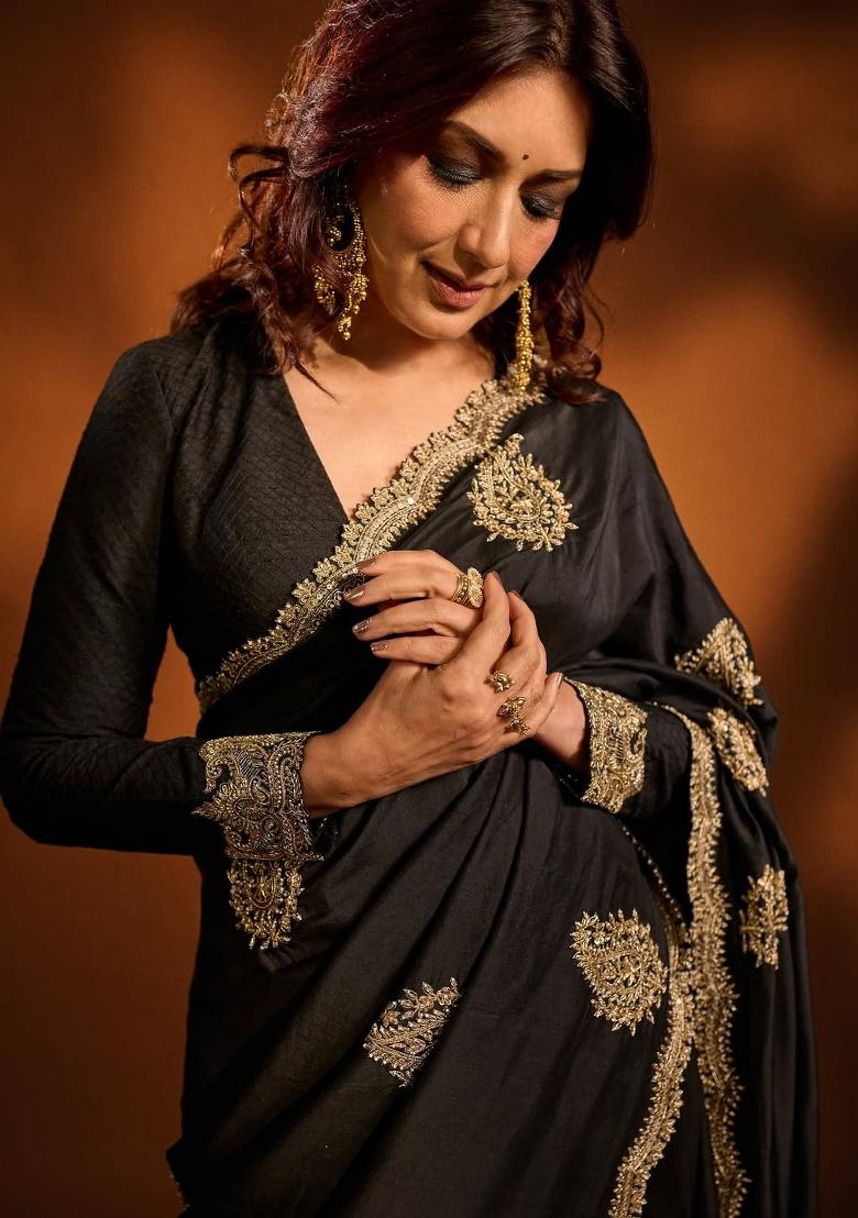 Black Embroidered Silk Saree Set - Indya