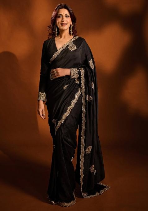 Black Embroidered Silk Saree Set