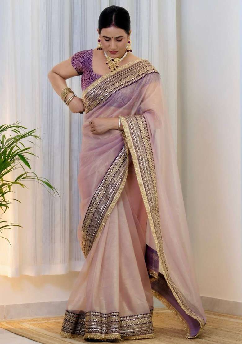 Purple Embroidered Polyester Saree Set for Diwali and Festive Wear - Indya