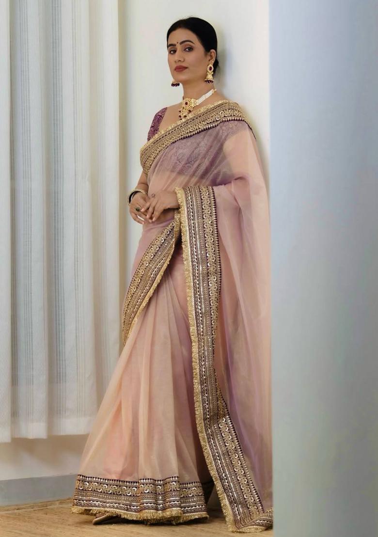 Purple Embroidered Polyester Saree Set - Indya