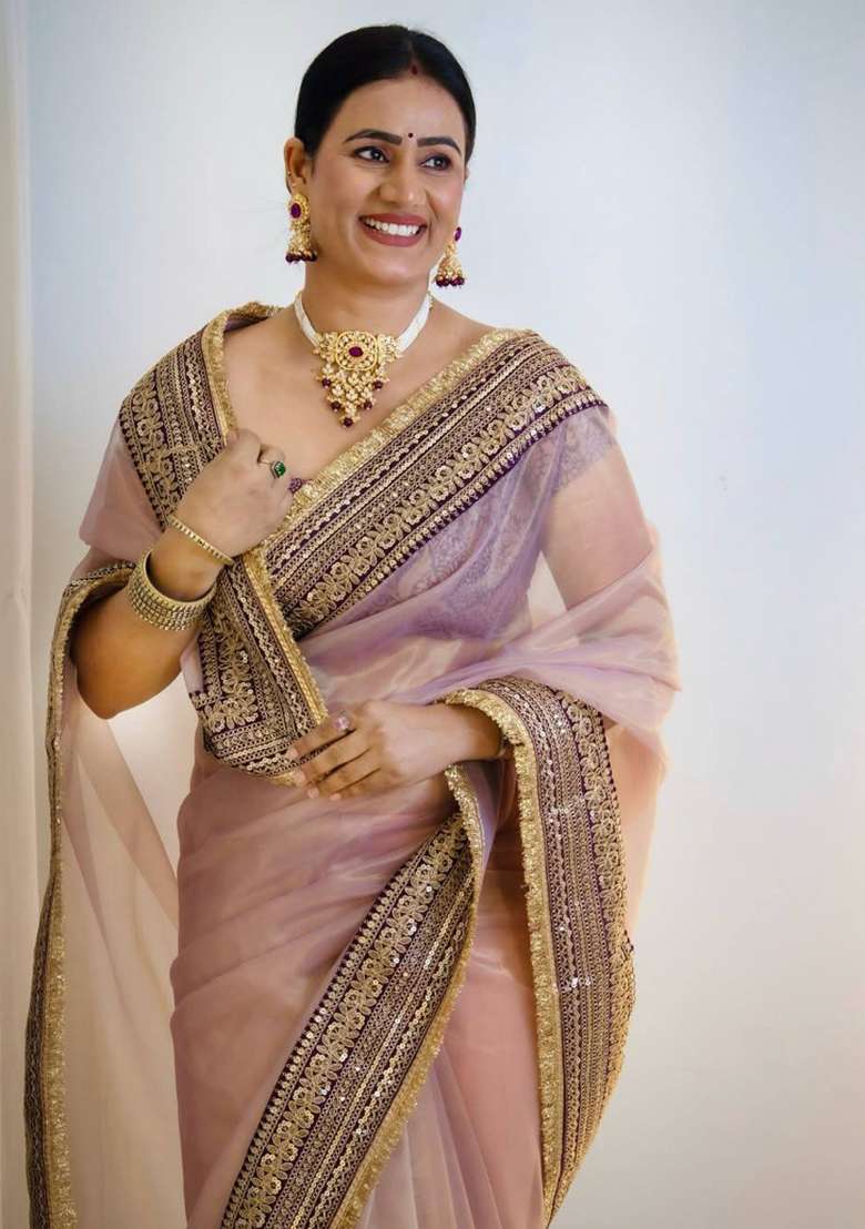 Purple Embroidered Polyester Saree Set for Diwali and Festive Wear - Indya
