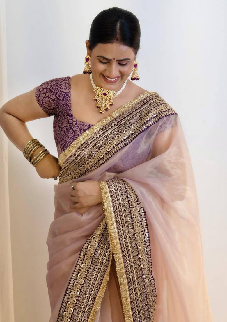 Purple Embroidered Polyester Saree Set - Indya